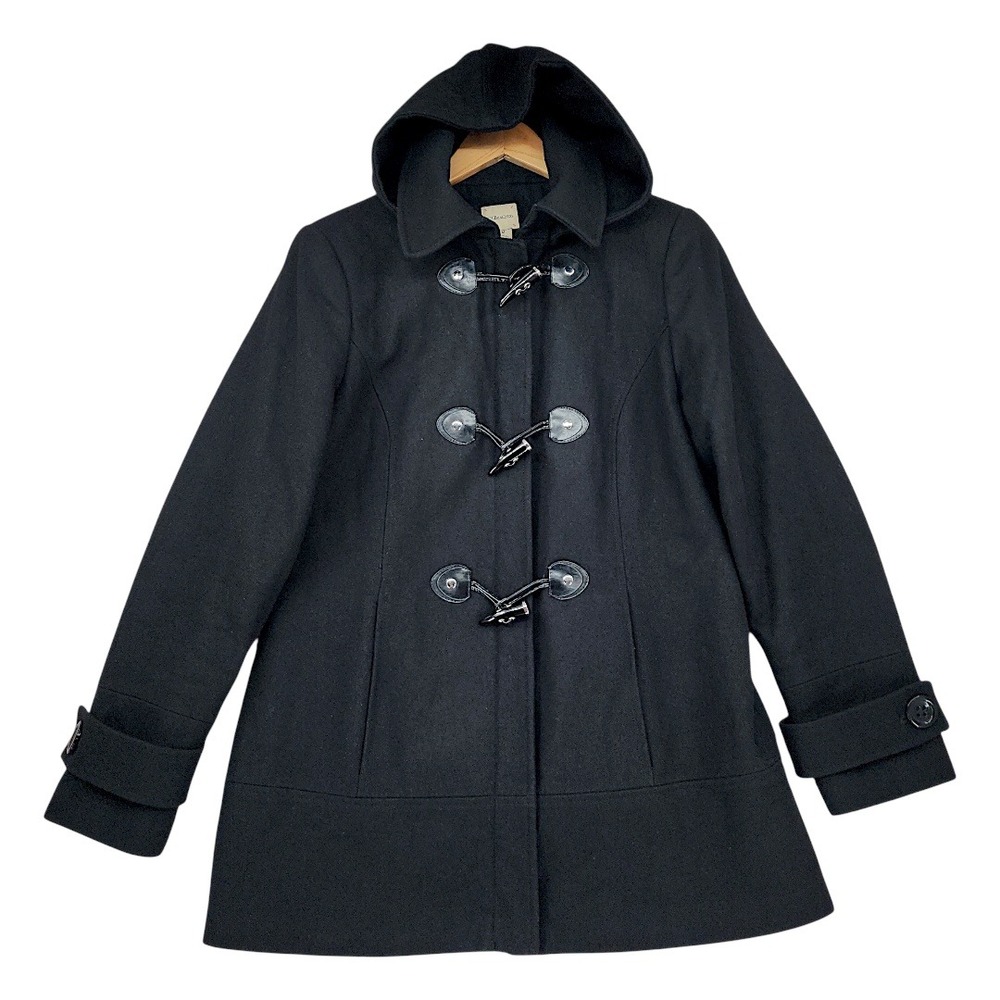 GH Bass Toggle Pea Coat M Womens Black Wool Hooded Duffle‎ Jacket Darkacademia